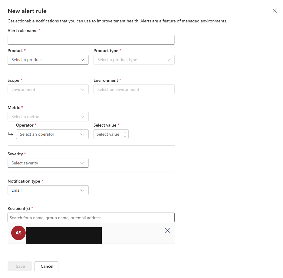 New alert rule creation form in the Power Platform Admin Center