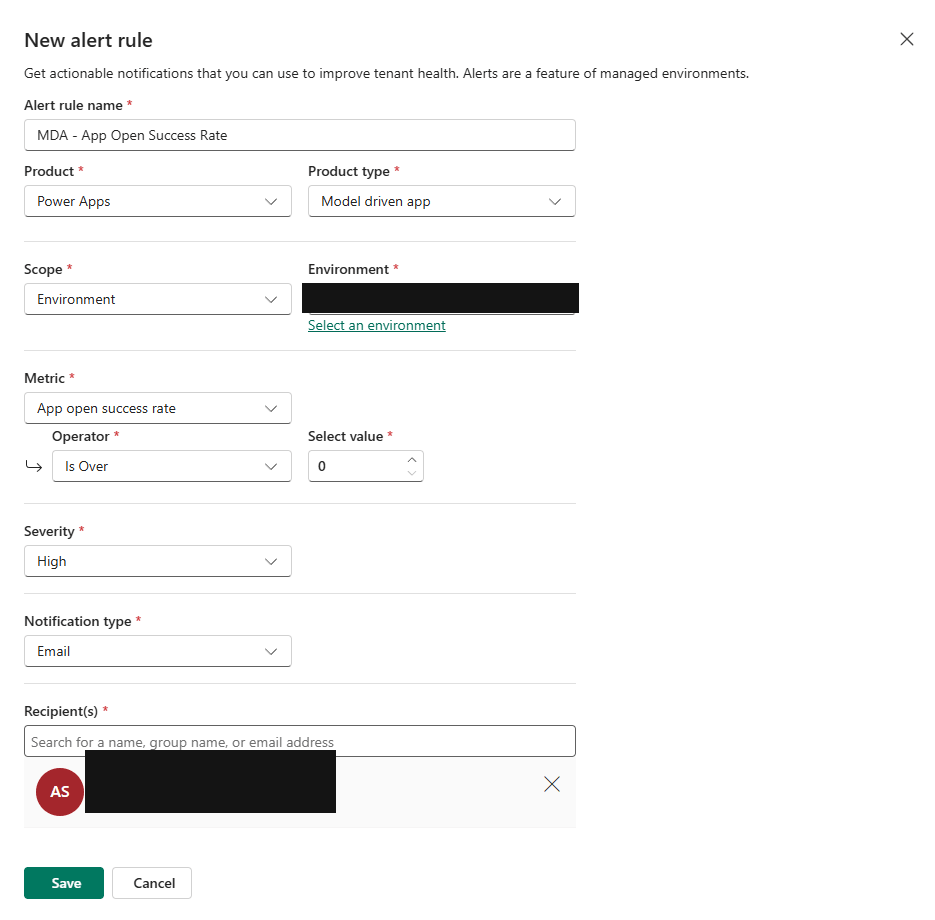 Completed alert rule form for App Open Success Rate