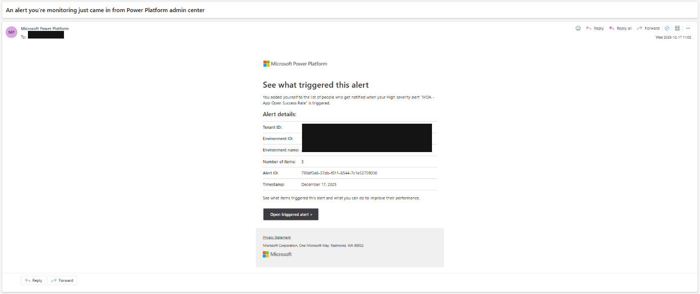 Email notification sent after the alert was triggered