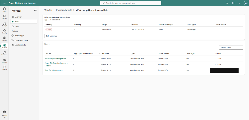 Triggered alert details page in the Power Platform Admin Center