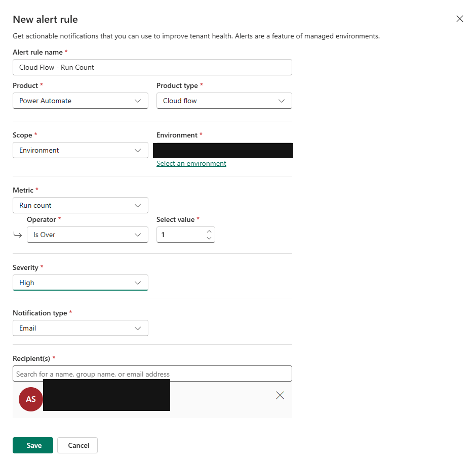 Completed alert rule form for Cloud Flow Run Count